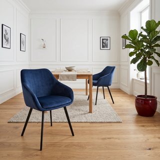 Lot de 2 chaises avec accoudoirs velours bleu marine pieds métal noir - ADAM