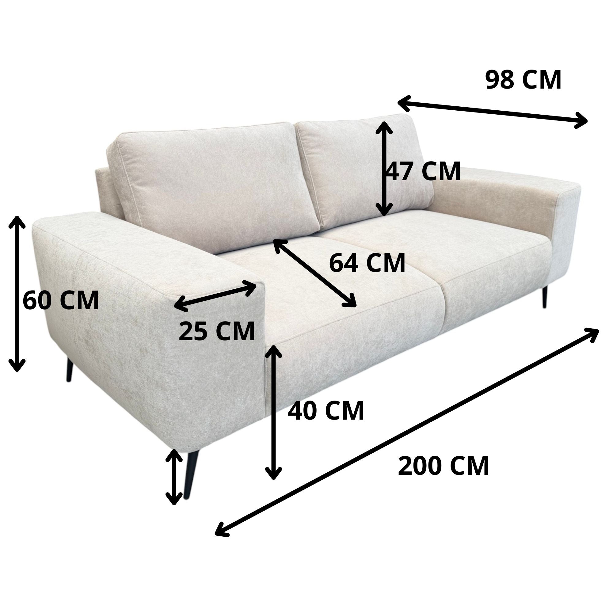 Canapé droit 2/3 places tissu beige 200 cm - FLOW