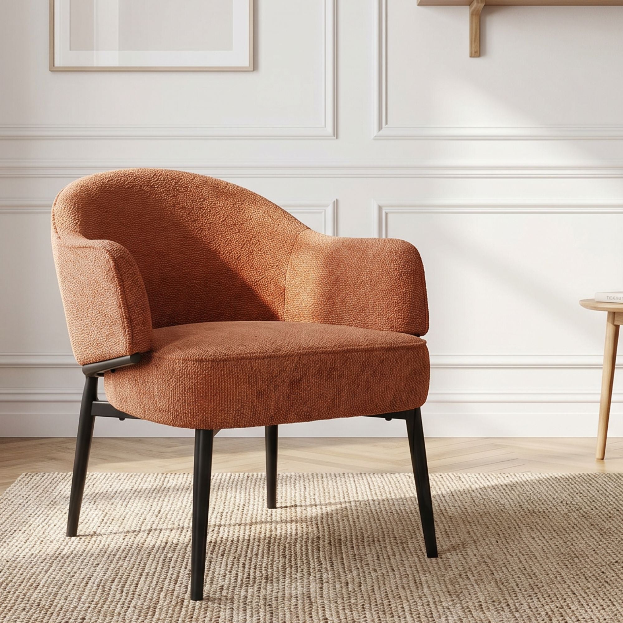 Fauteuil en tissu ourange avec pieds en métal noir - ZOE