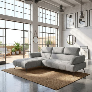 Canapé d'angle gauche tissu gris 280 cm avec tétières mobiles - JUBEL
