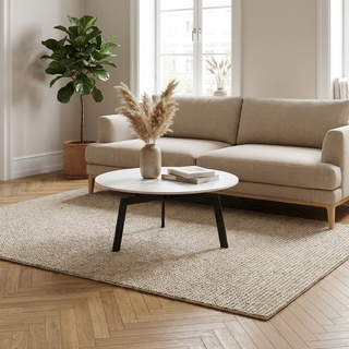 Table basse ronde céramique coloris blanc pieds métal noir - LILY