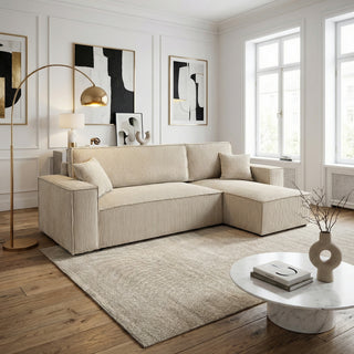 Canapé d'angle convertible velours côtelé beige - LISA