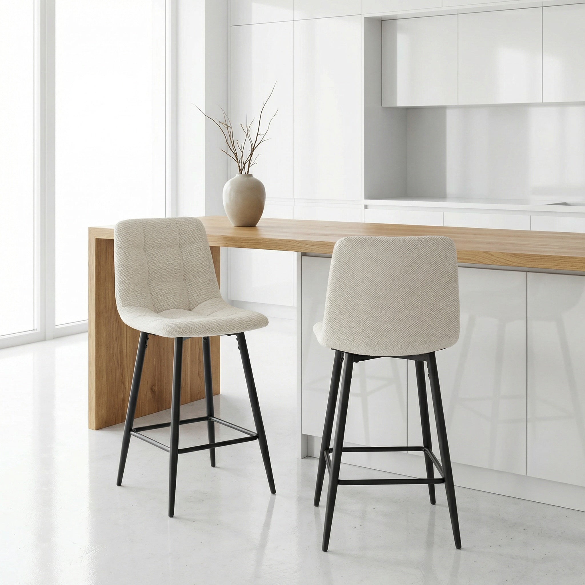 2 chaises hautes / tabourets H65 cm tissu beige - CURIO