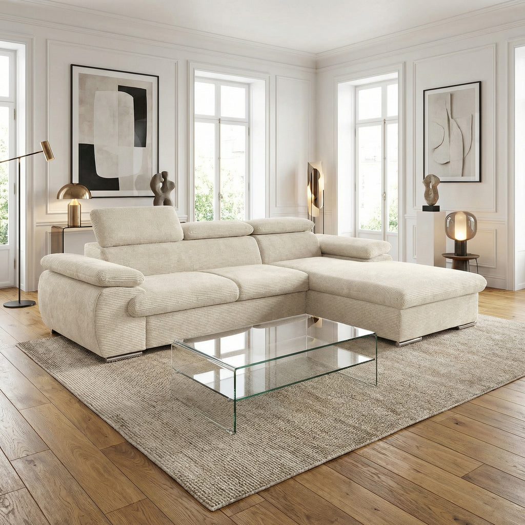 Canapé d'angle droit tissu côtelé beige - KOST