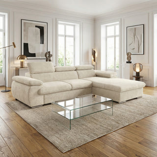 Canapé d'angle droit convertible tissu côtelé beige - KOST