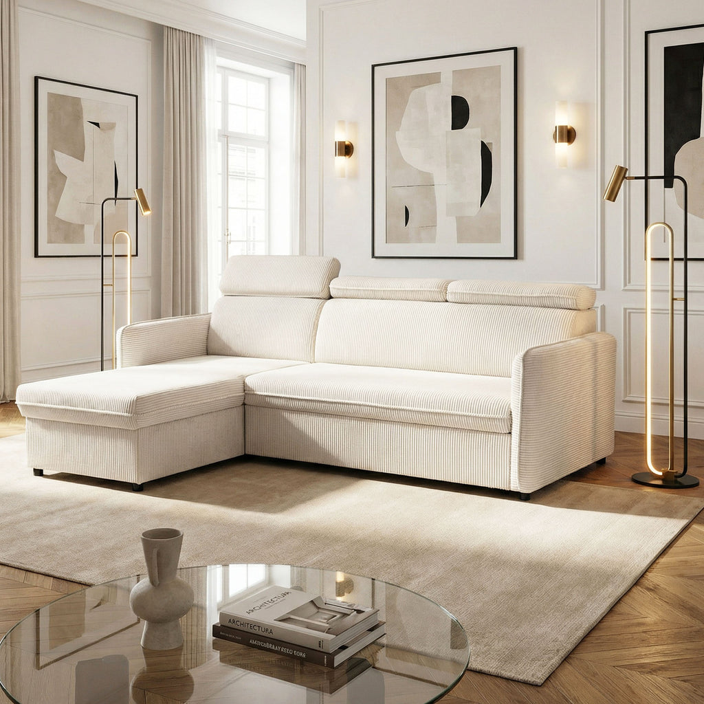 Canapé d'angle convertible en velours côtelé beige -  NOTTI