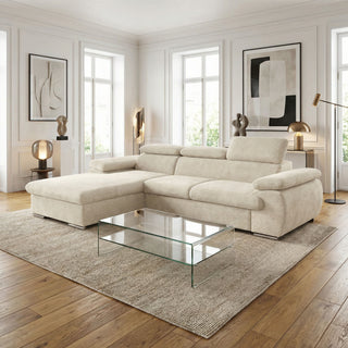 Canapé d'angle gauche convertible tissu côtelé beige - KOST