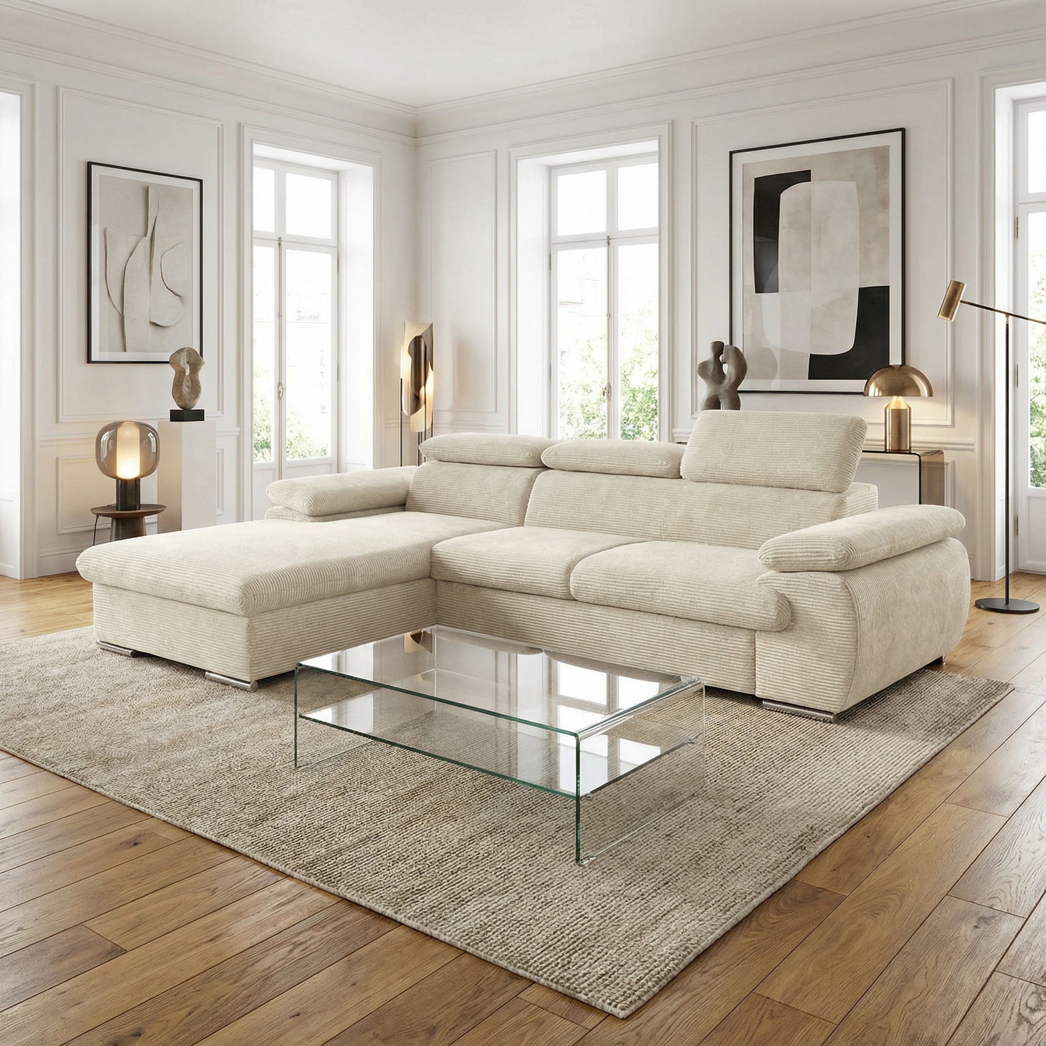 Canapé d'angle gauche tissu côtelé beige - KOST
