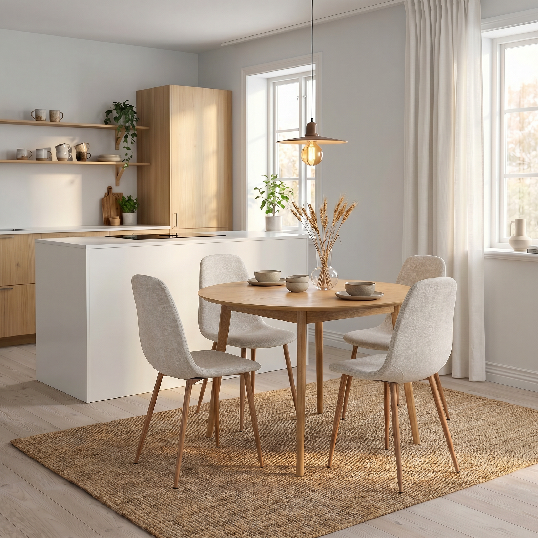 4 chaises tissu beige pieds métal imitation bois - NOAH